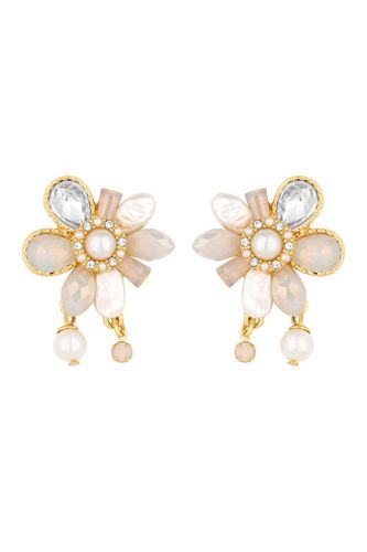 Womens Gold Pearl And Crystal Flower Charm Stud Earrings - - One Size - Mood - Modalova