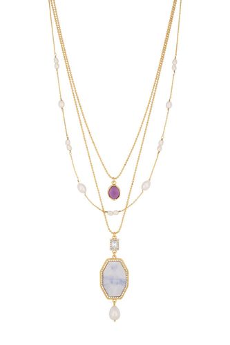 Womens Gold Opal Blue Iridescent Stone And Charmed Multirow Long Pendant Necklace - Pack Of 3 - - One Size - Mood - Modalova