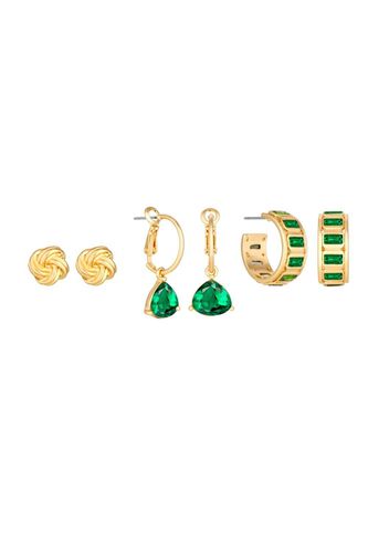 Womens Gold Green And Crystal Mixed Baguette Hoop Earrings - Pack of 3 - - One Size - Mood - Modalova