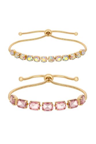 Womens Gold Pink And Ab Crystal Emerald Cut Bracelets - Pack of 2 - - One Size - Mood - Modalova