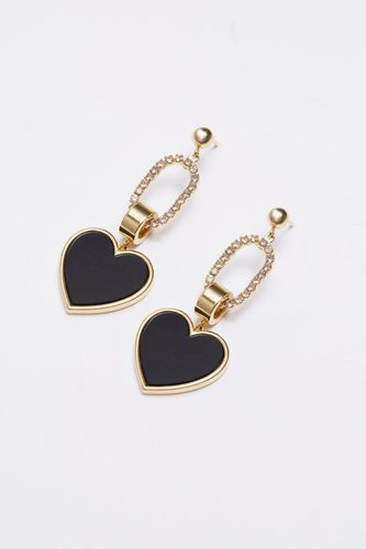 Womens Gold Black Enamel And Crystal Heart Link Drop Earrings - - One Size - Mood - Modalova