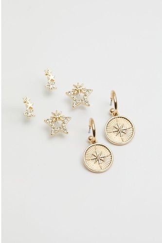 Womens Recycled Gold Textured Medallion Huggie Hoop Earrings - Pack of 3 - - One Size - Mood - Modalova