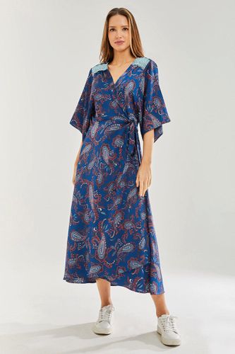 Womens Navy Based Floral Print Maxi Wrap Dress with Lace Details - 10 - Liquorish - Modalova