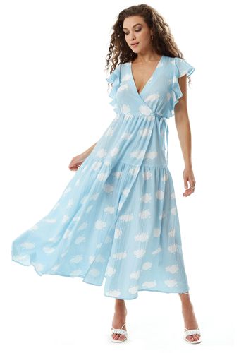Womens Cloud Print Midi Wrap Dress with Frill Sleeves in - 8 - Liquorish - Modalova