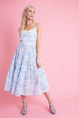 Womens Floral Scenic Print Ruffle Hem Tiered Strappy Midi Dress with Lace Trims - 6 - ANOTHER SUNDAY - Modalova
