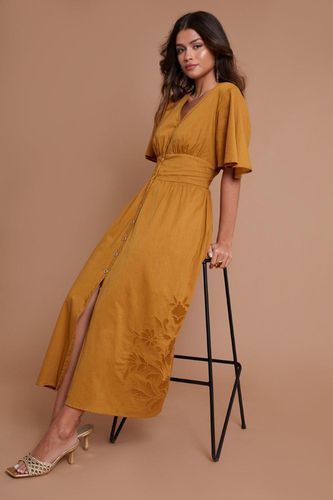 Womens Flutter Sleeve Button Through Midi Dress With Embroidery - - 6 - NastyGal UK (+IE) - Modalova