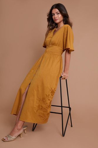 Womens Flutter Sleeve Button Through Midi Dress With Embroidery - - 8 - ANOTHER SUNDAY - Modalova