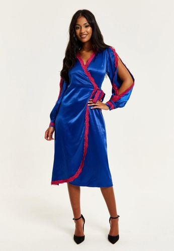 Womens Royal Satin Midi Wrap Dress With Lace Details And Sleeve Slits - 6 - Liquorish - Modalova