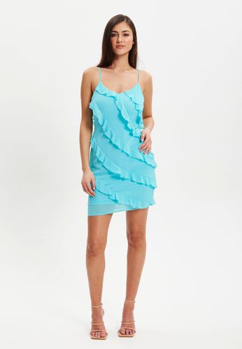 Womens Diagonal Ruffled Mini Dress With Strip In Turquoise - - 8 - Liquorish - Modalova