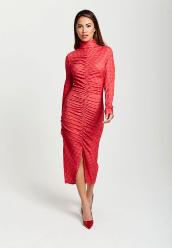 Womens Distorted Houndstooth Print Fitted Midi Dress With High Neck & Ruching Detail - - 8 - NastyGal UK (+IE) - Modalova