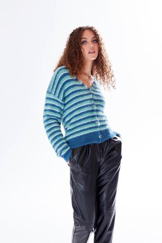 Womens Textured Striped Cardigan In , Turquoise & White Tones - S/M - Liquorish - Modalova
