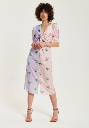 Womens Lilac And Floral Knot Front Midi Dress With Short Sleeves - 8 - Liquorish - Modalova