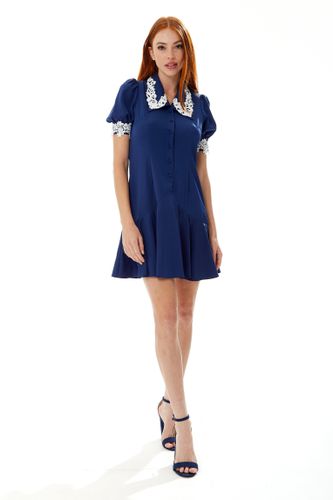 Womens Fitted Mini Dress in Navy with Lace Details on Collar and Sleeves - - 14 - Liquorish - Modalova