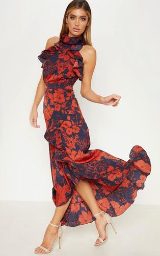 Womens Navy Floral Print Frill Detail Wrap Maxi Dress - - 4 - NastyGal UK (+IE) - Modalova