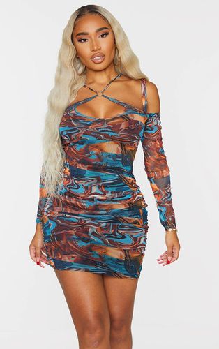 Womens Shape Marble Print Mesh Ring Halterneck Ruched Bodycon Dress - 10 - NastyGal UK (+IE) - Modalova