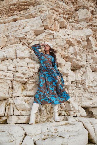 Womens Poplin High Neck Midi Dress With Long Sleeves In Blue Floral - - 6 - NastyGal UK (+IE) - Modalova