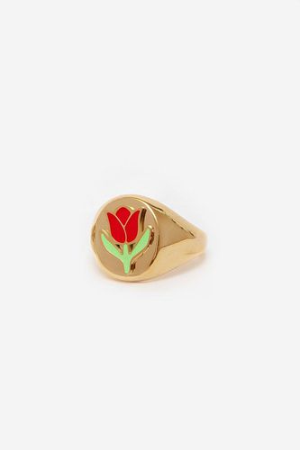 Womens Gold Big Signet Ring With Red Tulip Flower - - O - MUCHV - Modalova
