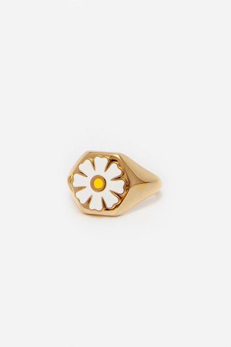 Womens Gold Big Signet Ring With White Daisy Flower - - O - MUCHV - Modalova