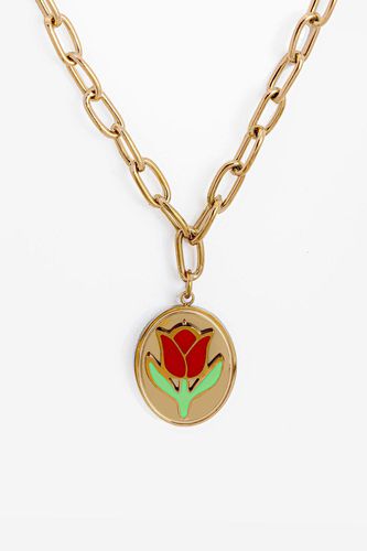 Womens Gold Link Chain Necklace With Enamel Tulip Coin - - One Size - MUCHV - Modalova