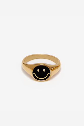 Womens Gold Happy Face Signet Ring - Black Enamel - - M - NastyGal UK (+IE) - Modalova