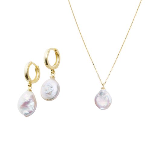 Womens Baroque Flat Pearl Pendant Necklace and Earring Sterling Silver Set - - One Size - Spero London - Modalova