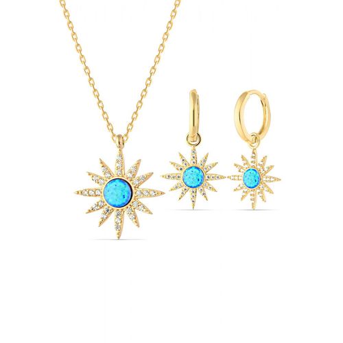 Womens Blue Opal Sun Sterling Silver Necklace and Earring Set - - One Size - Spero London - Modalova