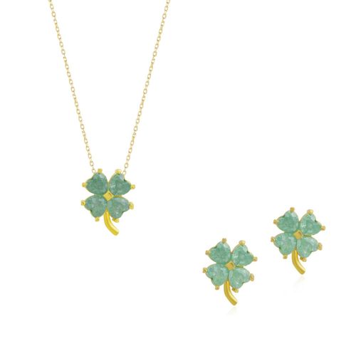 Womens Four Leaves Clover Sterling Silver Earring and Necklace Set in Green - - One Size - Spero London - Modalova