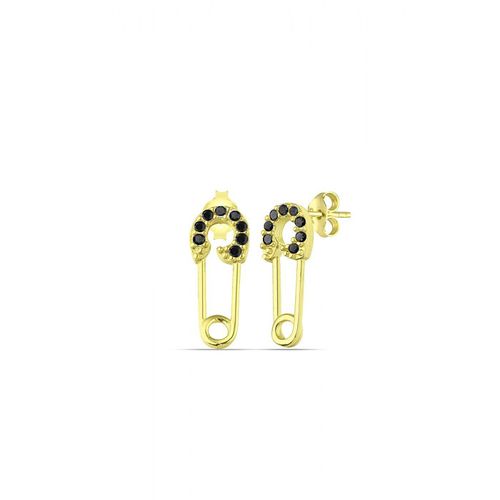 Womens Sterling Silver Black Jewelled Mini Safety Pin Stud Earrings - - One Size - Spero London - Modalova