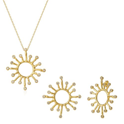 Womens Sun Sunburst Large Textured Molten Sterling Silver Earring and Necklace Set - - One Size - Spero London - Modalova