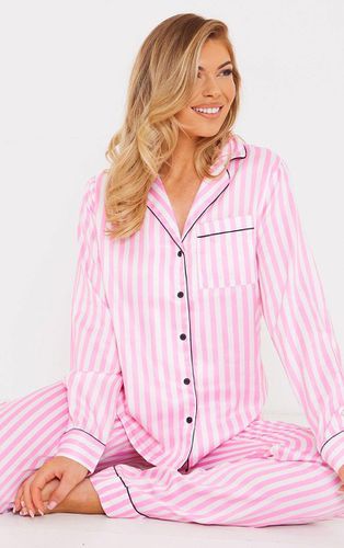 Womens Baby Stripe Print Contrast Piping Satin Long PJ Set - S - NastyGal UK (+IE) - Modalova