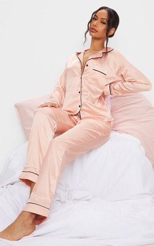 Womens Rose Gold Contrast Piping Satin Long PJ Set - - L - NastyGal UK (+IE) - Modalova