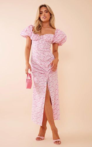 Womens Floral Satin Puff Sleeve Corset Ruched Midaxi Dress - 4 - NastyGal UK (+IE) - Modalova