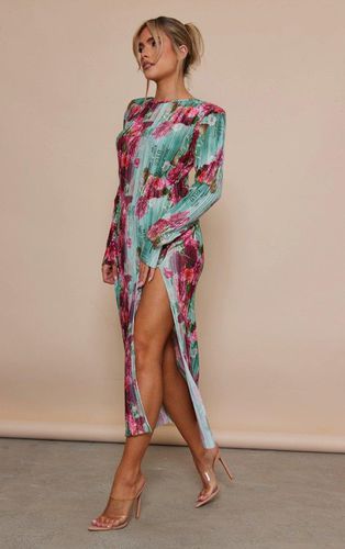 Womens Rose Print Plisse Long Sleeve Split Detail Midi Dress - 6 - NastyGal UK (+IE) - Modalova