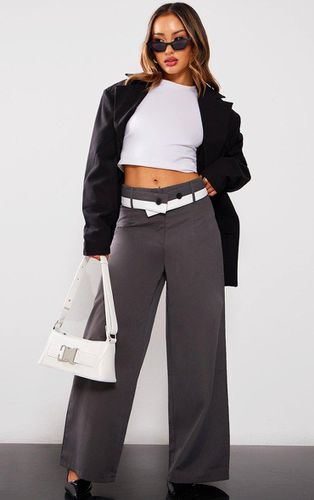 Womens Petite Charcoal Contrast Fold Over Wide Leg Tailored Trousers - - 12 - NastyGal UK (+IE) - Modalova