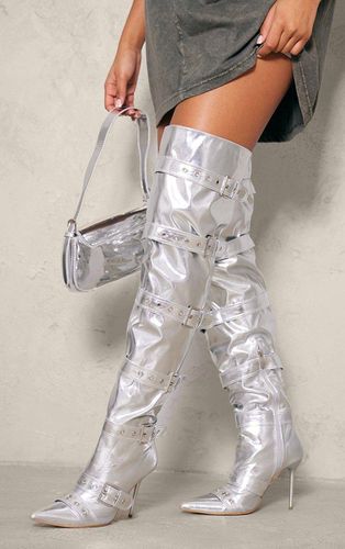 Womens Silver Pu Point Toe Buckled Over The Knee Heeled Boots - - 3 - NastyGal UK (+IE) - Modalova