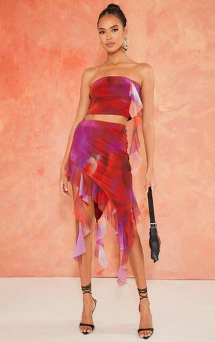 Womens Print Mesh Ruffle Asymmetric Hem Mini Skirt - 6 - NastyGal UK (+IE) - Modalova