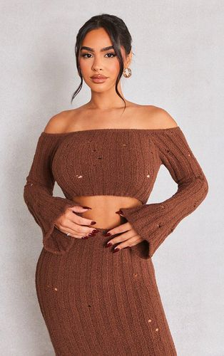 Womens Petite Chocolate Distressed Rib Knit Bardot Top - - 10 - NastyGal UK (+IE) - Modalova