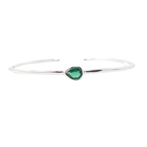 Womens Minimalist Sterling Silver Emerald May Birthstone Bangle Bracelet - - One Size - Harfi - Modalova