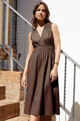 Womens Linen Blend 'Peppercorn' V Neck Sleeveless Ruched Midi Dress - - 8 - Threadbare - Modalova
