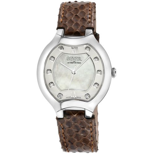Womens Lugano Swiss Diamond , MOP Dial, 316L Stainless Steel Case, Genuine Italian Handmade Leather Strap Swiss Quartz Watch - One Size - Gevril - Modalova