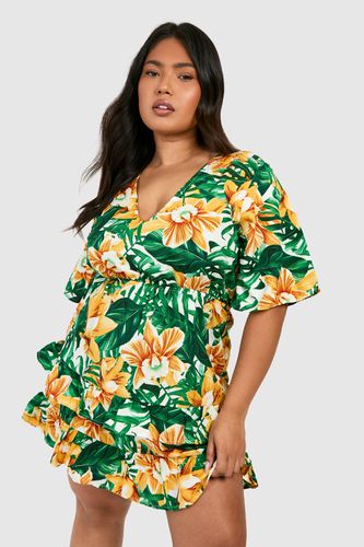 Womens Plus Tropical Floral Ruffle Smock Dress - - 24 - boohoo - Modalova