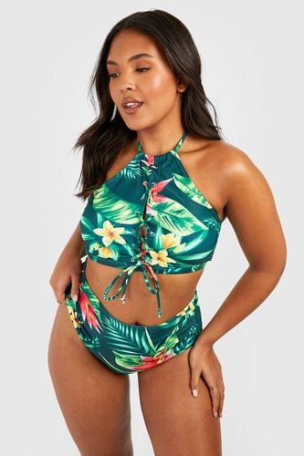 Womens Plus Tropical Print Lace Up High Waisted Bikini - - 22 - boohoo - Modalova