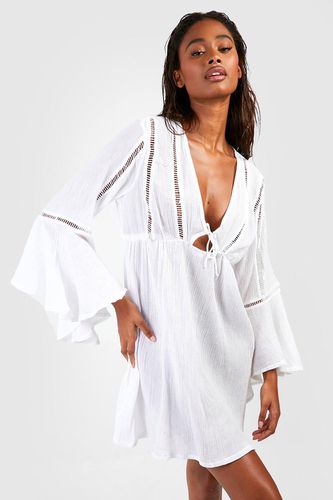 Womens Tie Detail Frill Sleeve Beach Mini Dress - - L - boohoo - Modalova