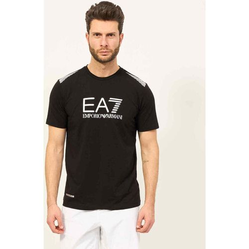T-shirt & Polo T-shirt nera girocollo 7 Lines in tessuto riciclato - Emporio Armani EA7 - Modalova