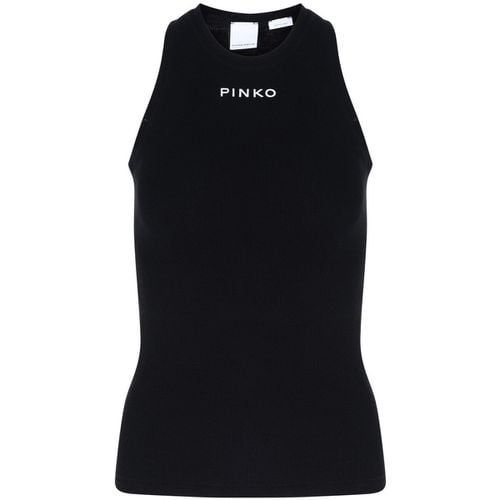 T-shirt & Polo Top a canotta nero a costine con logo frontale - Pinko - Modalova