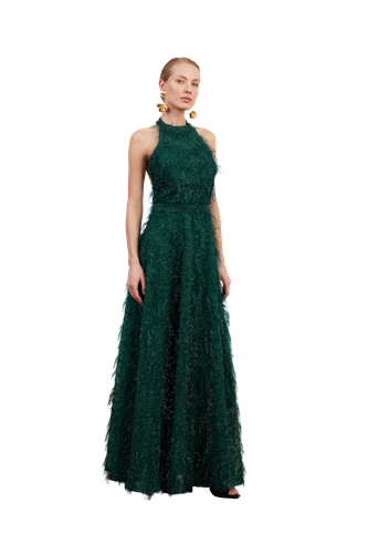 MAISSA green feather long evening gown with open back - UNDRESS - Modalova