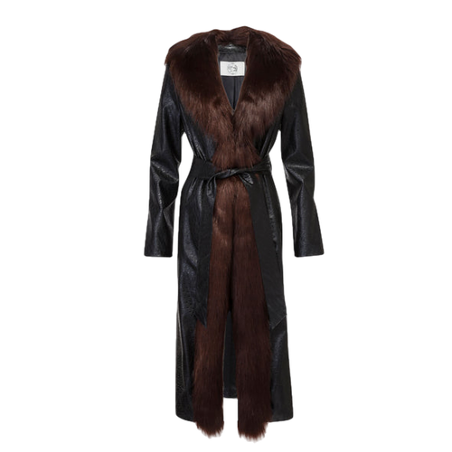 Powderpuff Black Faux Leather Robe Coat with Brown Faux Fur Collar - Marei 1998 - Modalova