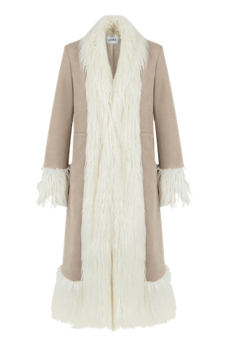 Lora Beige Faux Fur Suede Long Coat - Lora Istanbul - Modalova