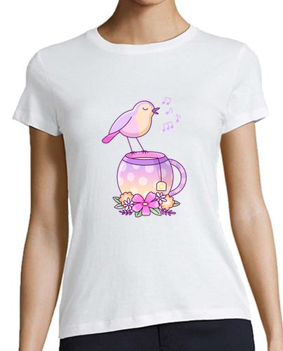 Camiseta mujer Pájaro con Té Mujer, manga corta, blanca, calidad premium - latostadora.com - Modalova