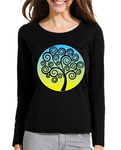 Camiseta mujer árbol de la vida negro sobre fondo azul y amarillo - latostadora.com - Modalova